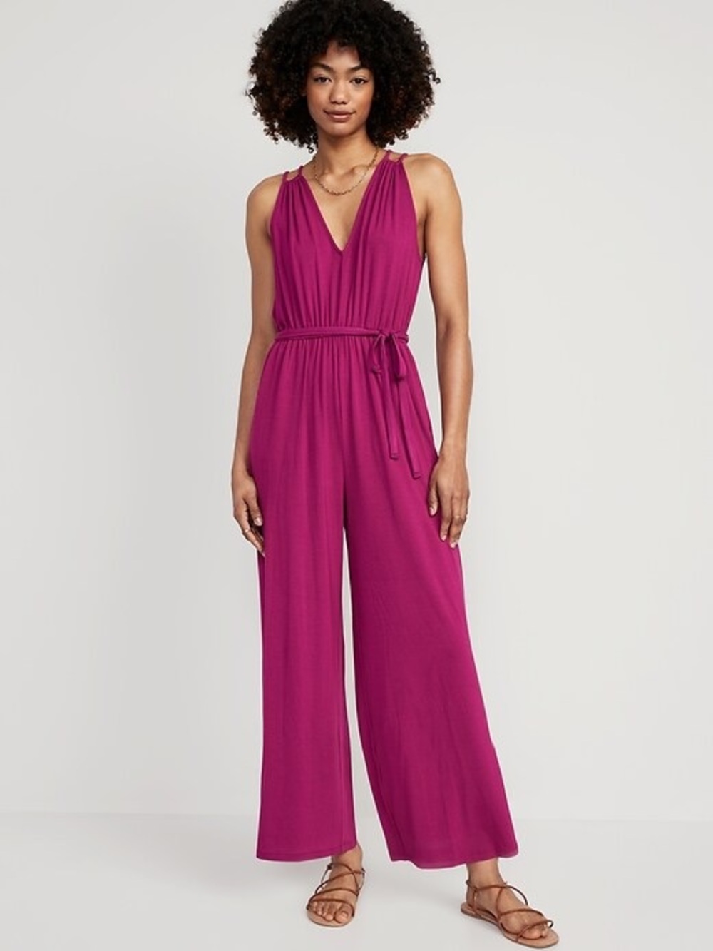Old Navy Sleeveless Magenta Pink V-Neck Wide-Leg waist define Jumpsuit Small